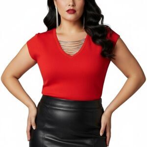 Cable & Gauge Red Chain Embellished V-Neck Short Sleeve Blouse Crop Top Sz M